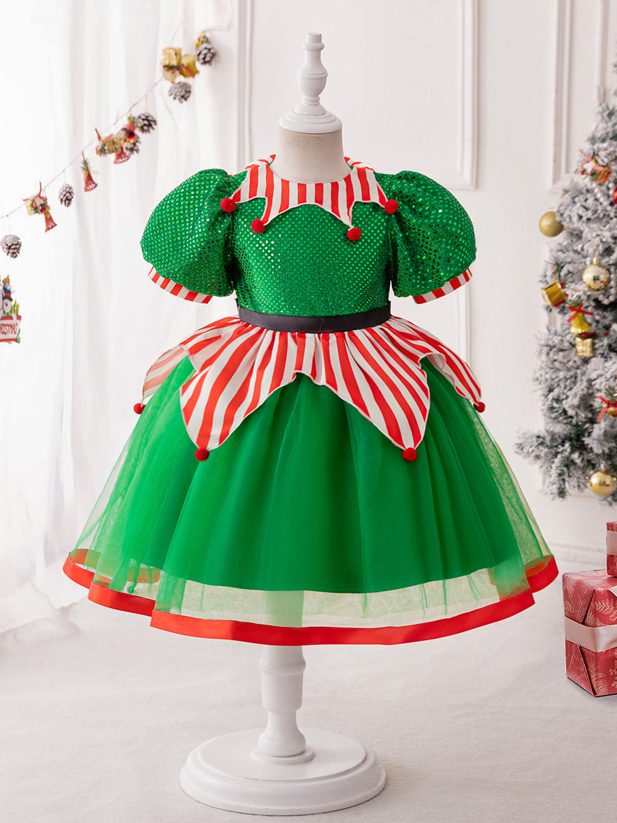 Ball Gown Scoop Puff Sleeves Christmas Dresses for Girls with Bow Knot