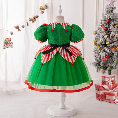Ball Gown Scoop Puff Sleeves Christmas Dresses for Girls with Bow Knot