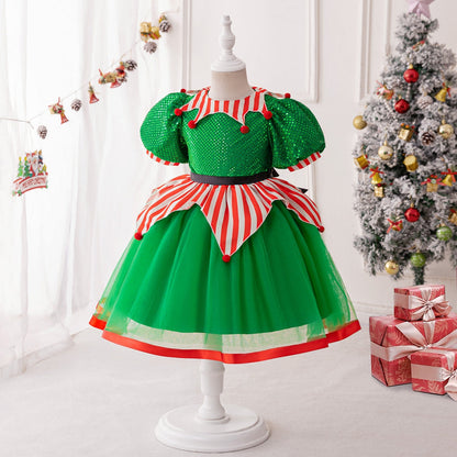 Ball Gown Scoop Puff Sleeves Christmas Dresses for Girls with Bow Knot