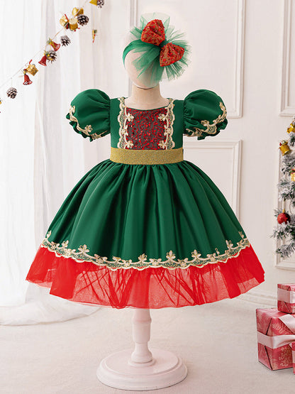 A-Line/Princess Scoop Puff Sleeves Christmas Dresses for Girls with Sequins