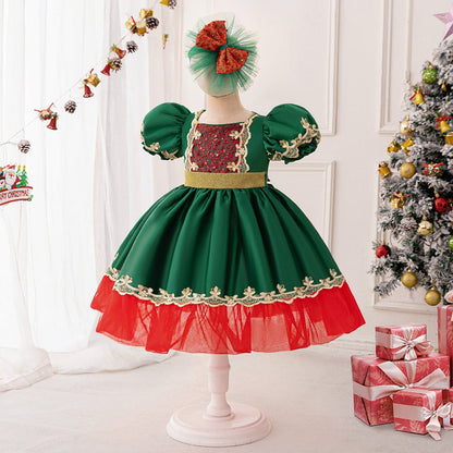A-Line/Princess Scoop Puff Sleeves Christmas Dresses for Girls with Sequins