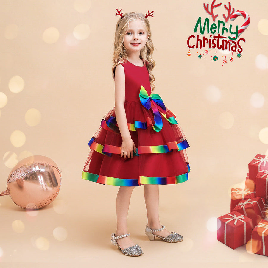 A-Line/Princess Scoop Sleeveless Christmas Dresses for Girls with Bow Knot