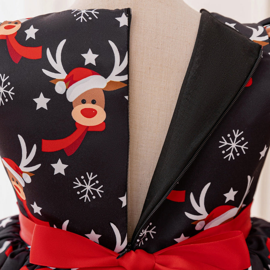 A-Line/Princess Scoop Puff Sleeves Christmas Dresses for Girls with Sash