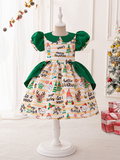A-Line/Princess Scoop Puff Sleeves Christmas Dresses for Girls with Ruched