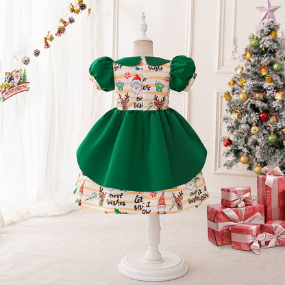 A-Line/Princess Scoop Puff Sleeves Christmas Dresses for Girls with Ruched