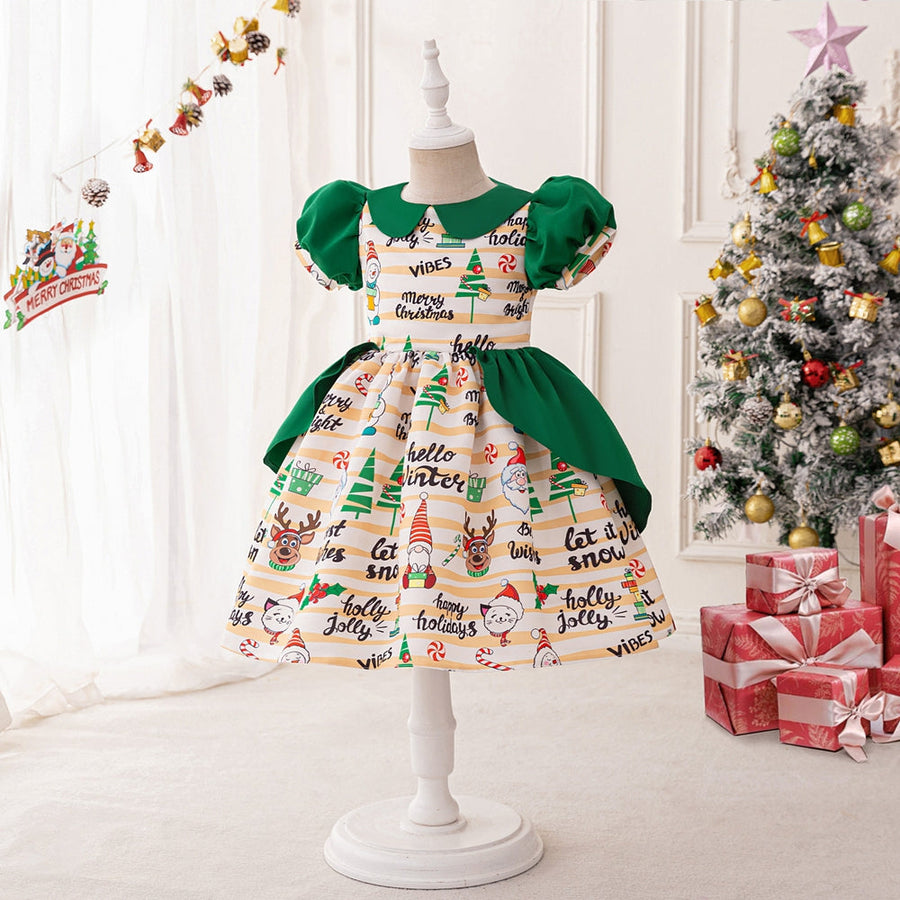 A-Line/Princess Scoop Puff Sleeves Christmas Dresses for Girls with Ruched