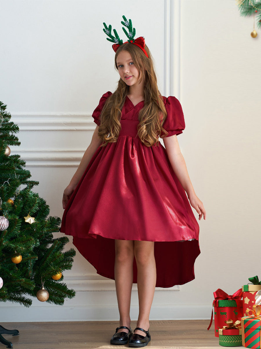 A-Line/Princess V-Neck Short Sleeves Christmas Dresses for Girls with Ruched