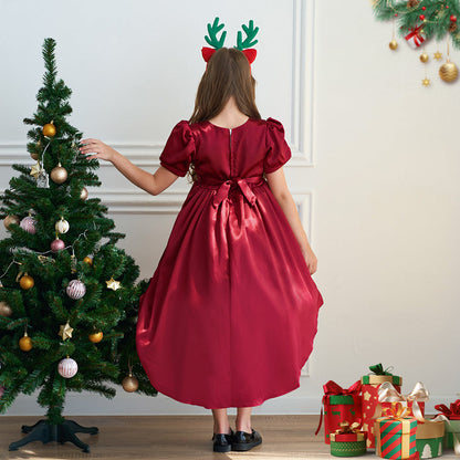 A-Line/Princess V-Neck Short Sleeves Christmas Dresses for Girls with Ruched