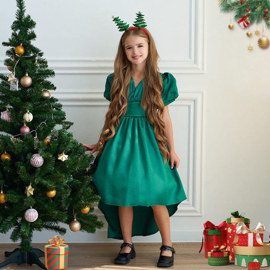 A-Line/Princess V-Neck Short Sleeves Christmas Dresses for Girls with Ruched