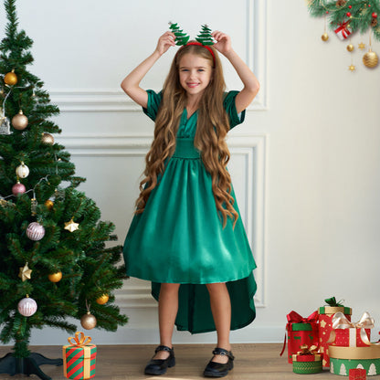 A-Line/Princess V-Neck Short Sleeves Christmas Dresses for Girls with Ruched