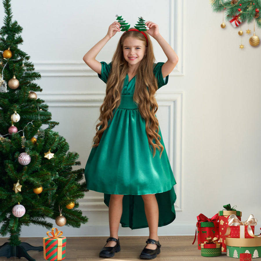 A-Line/Princess V-Neck Short Sleeves Christmas Dresses for Girls with Ruched
