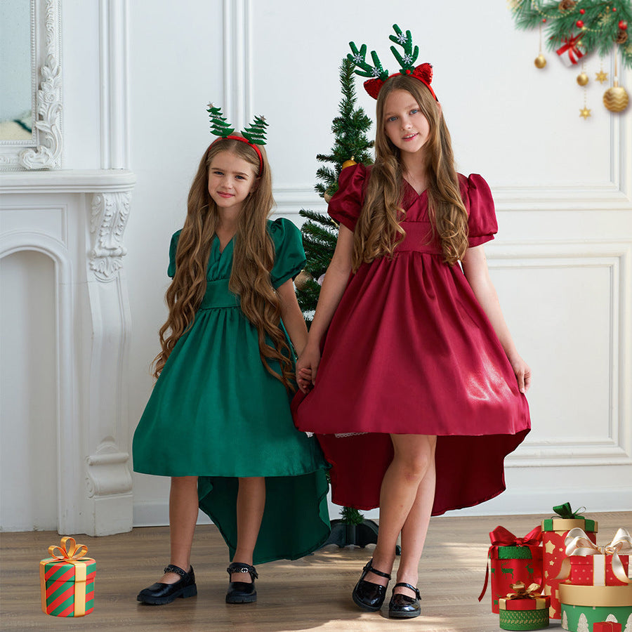 A-Line/Princess V-Neck Short Sleeves Christmas Dresses for Girls with Ruched