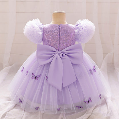 Ball Gown Scoop Puff Sleeves Flower Girl Dresses with Sequins