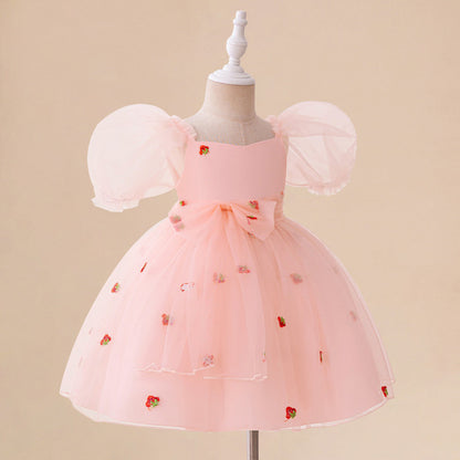 Ball Gown Scoop Puff Sleeves Flower Girl Dresses with Bow Knot