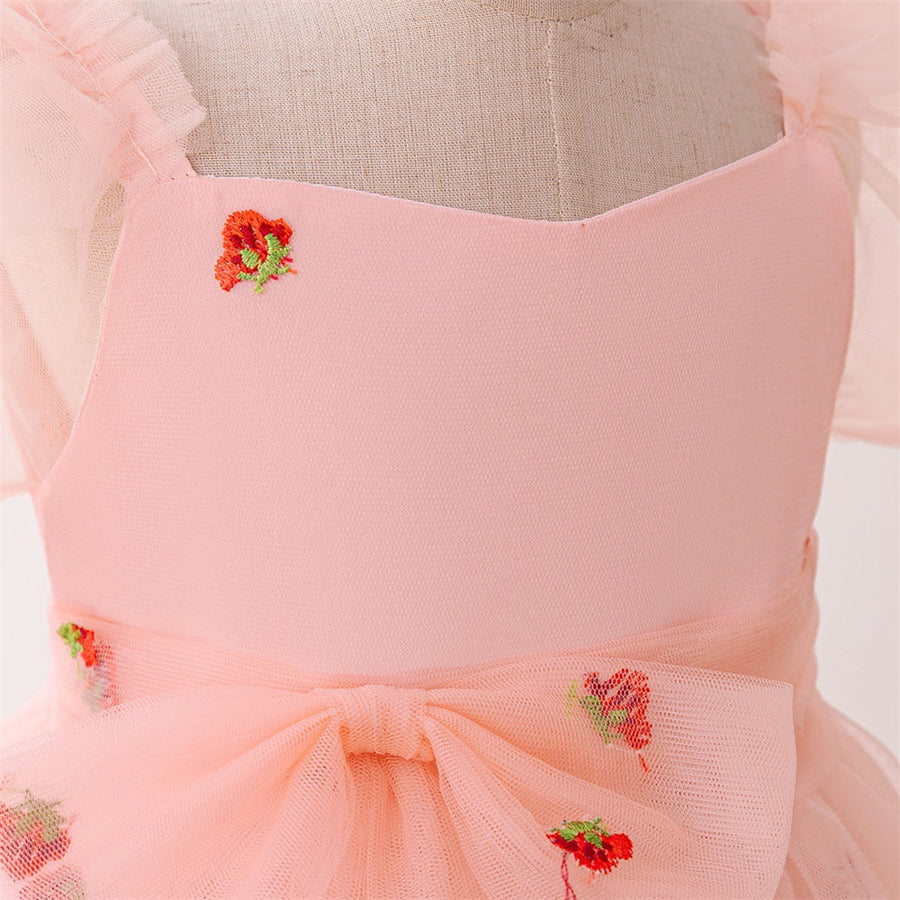 Ball Gown Scoop Puff Sleeves Flower Girl Dresses with Bow Knot