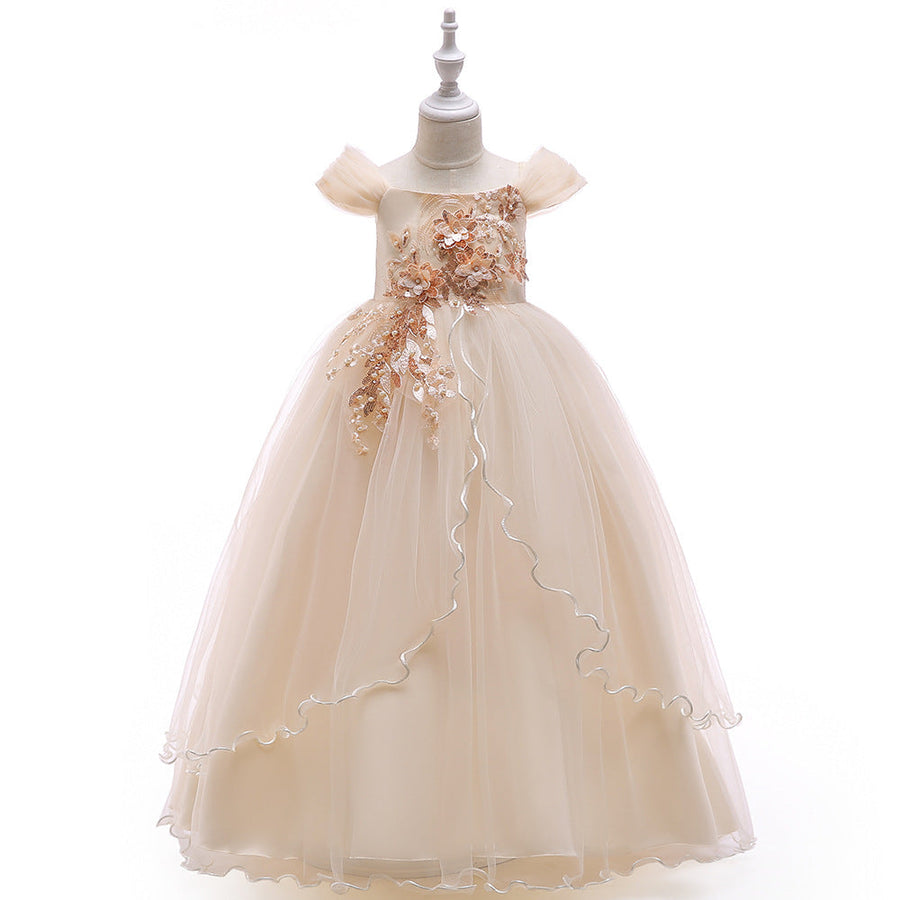 Ball Gown Cold Shoulder Short Sleeves Flower Girl Dresses with Beading