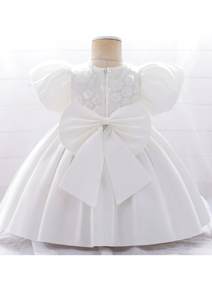 Ball Gown Scoop Puff Sleeves Flower Girl Dresses with Solid Flowers