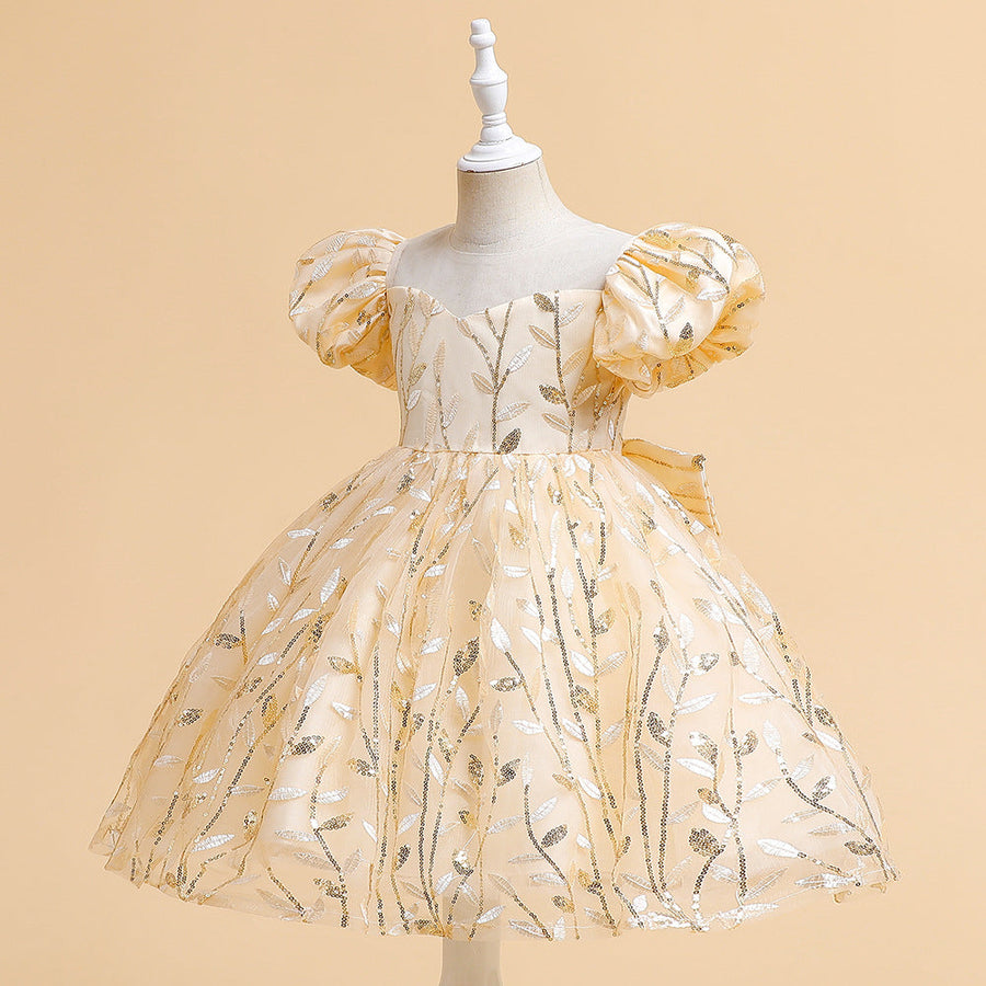 Ball Gown Scoop Puff Sleeves Flower Girl Dresses with Sequins