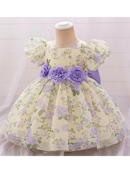 Ball Gown Scoop Puff Sleeves Flower Girl Dresses with Solid Flowers