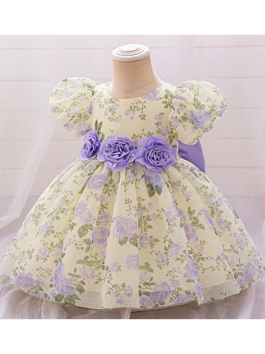 Ball Gown Scoop Puff Sleeves Flower Girl Dresses with Solid Flowers