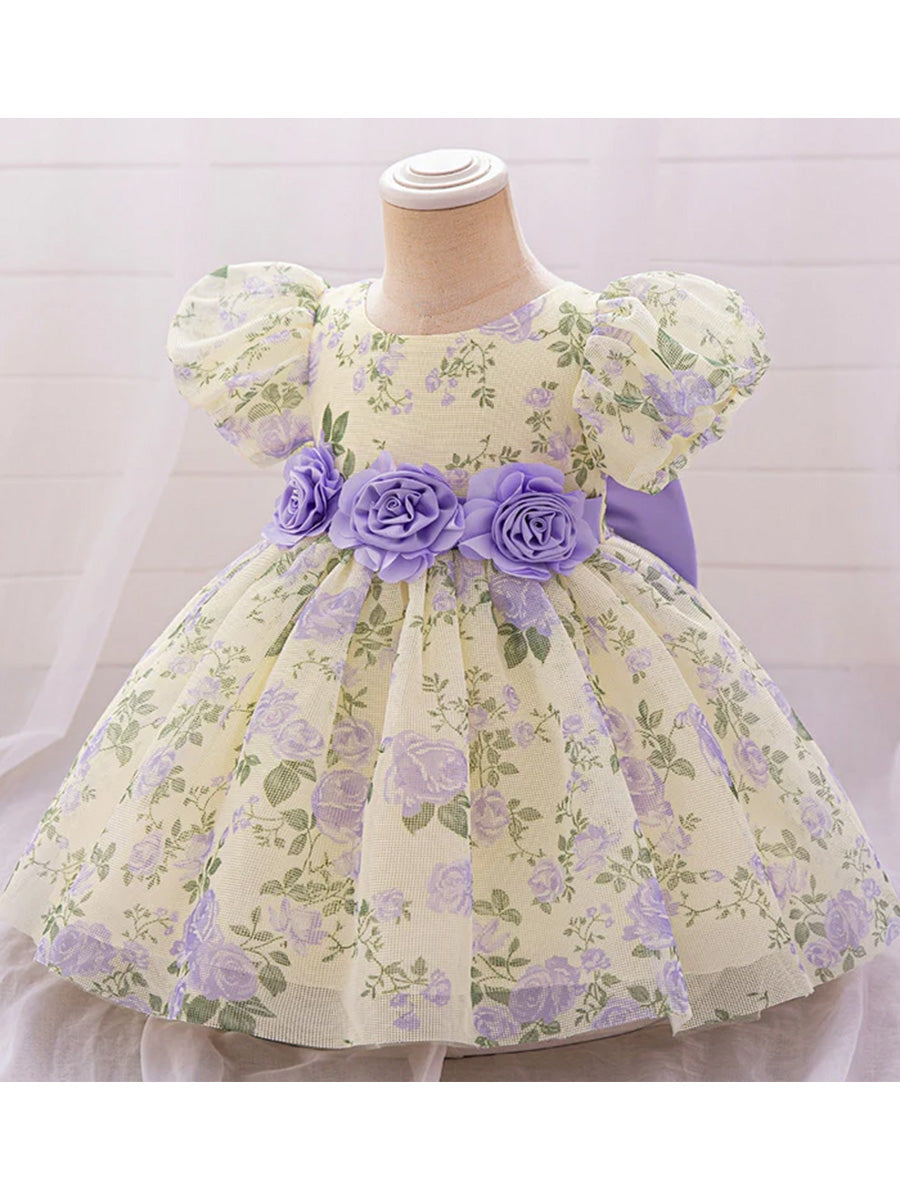 Ball Gown Scoop Puff Sleeves Flower Girl Dresses with Solid Flowers