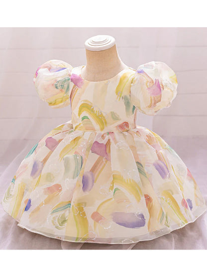 Ball Gown Scoop Puff Sleeves Flower Girl Dresses with Ruched