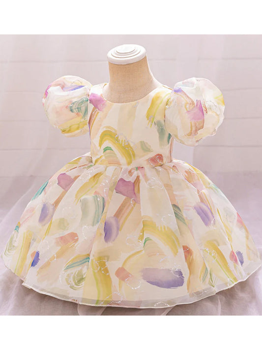 Ball Gown Scoop Puff Sleeves Flower Girl Dresses with Ruched