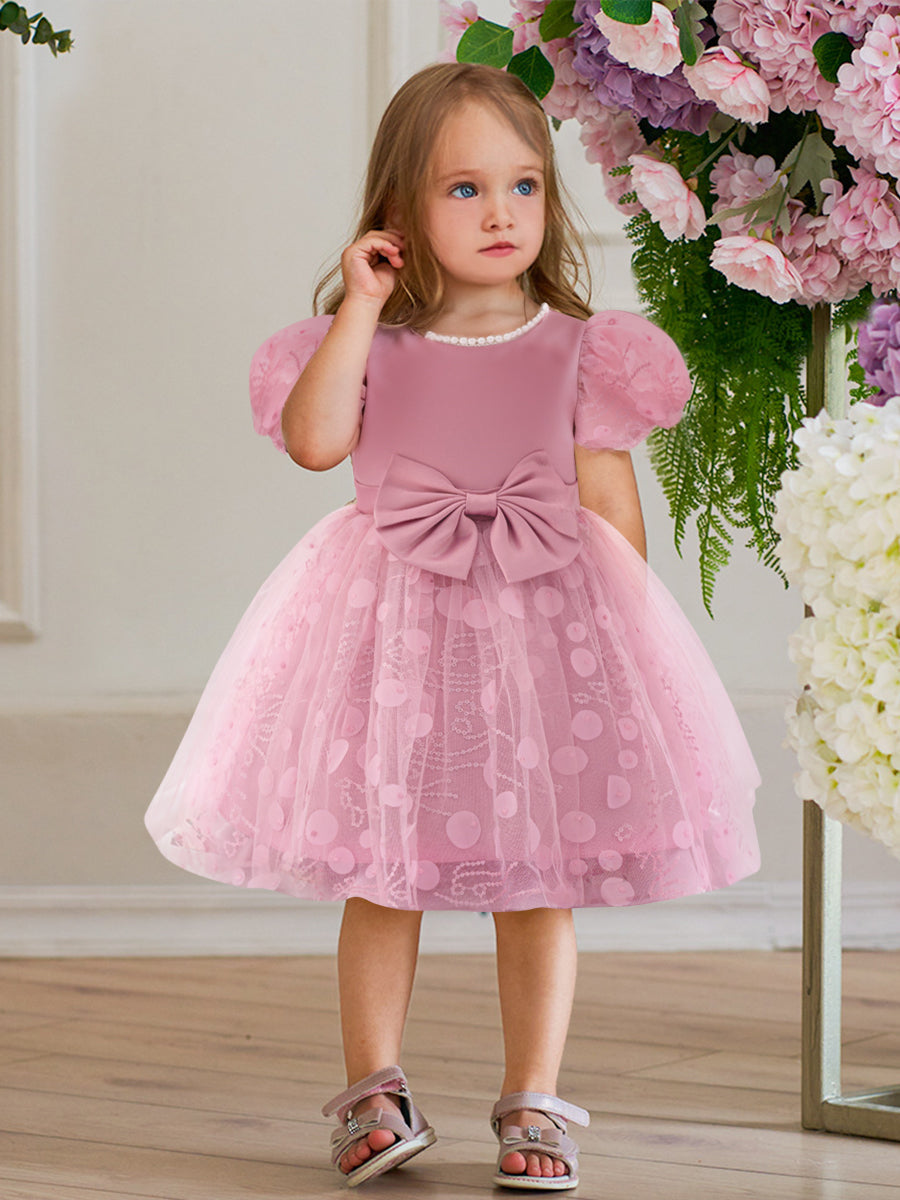 Ball Gown Scoop Puff Sleeves Flower Girl Dresses with Sequins