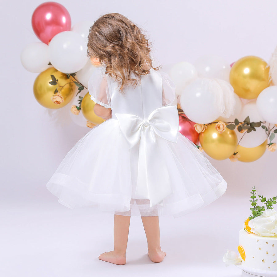 Ball Gown Scoop Puff Sleeves Rhinestone Flower Girl Dresses