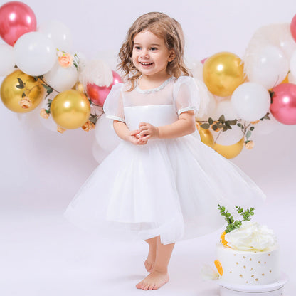 Ball Gown Scoop Puff Sleeves Rhinestone Flower Girl Dresses