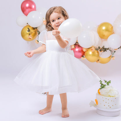 Ball Gown Scoop Puff Sleeves Rhinestone Flower Girl Dresses