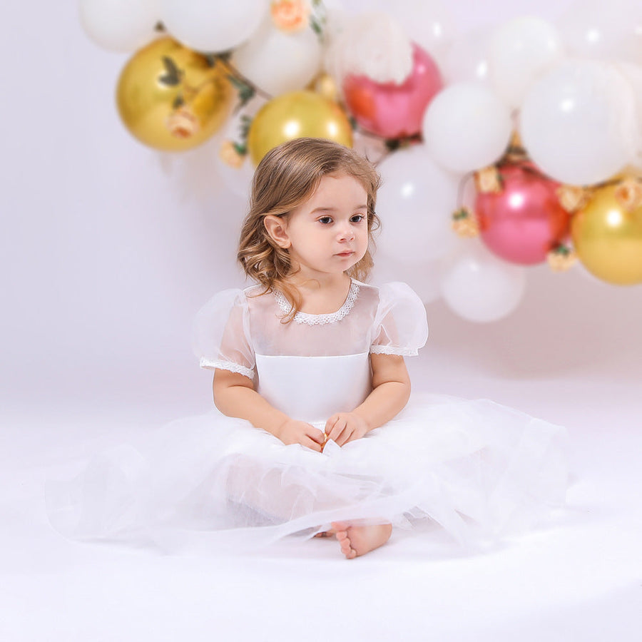 Ball Gown Scoop Puff Sleeves Rhinestone Flower Girl Dresses