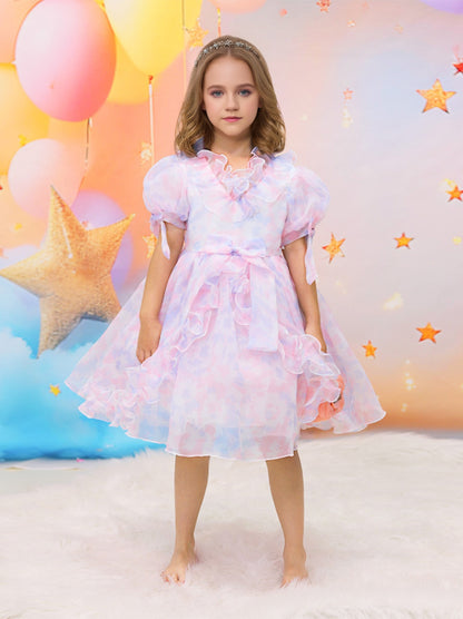 Ball Gown V-Neck Puff Sleeves Tiered Flower Girl Dresses