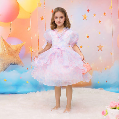 Ball Gown V-Neck Puff Sleeves Tiered Flower Girl Dresses