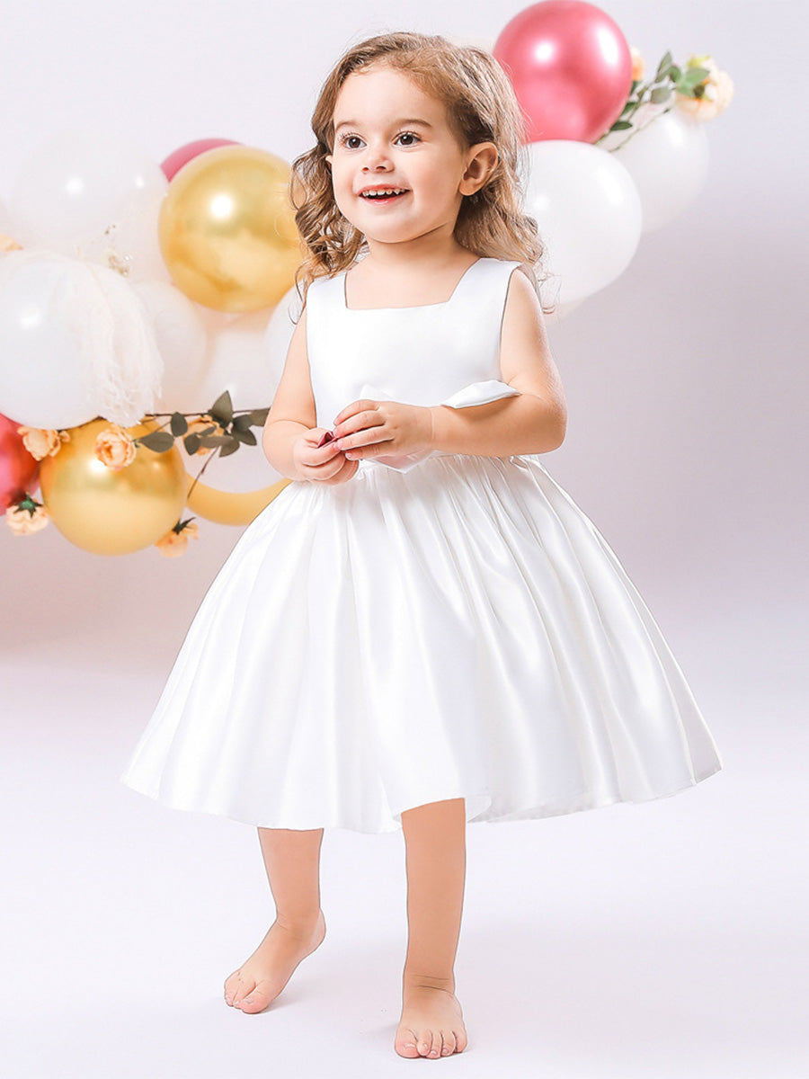 Ball Gown Square Neck Short Sleeves Flower Girl Dress with Rhinestone Appliques