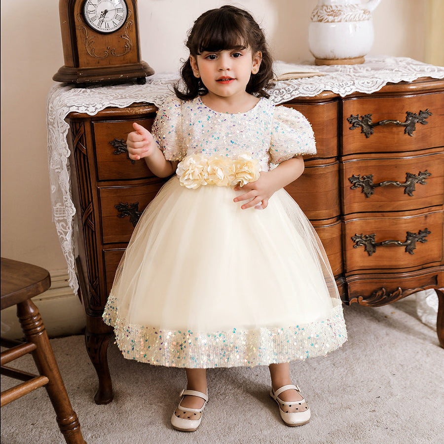 Ball Gown Scoop Puff Sleeves Sequins Flower Girl Dresses