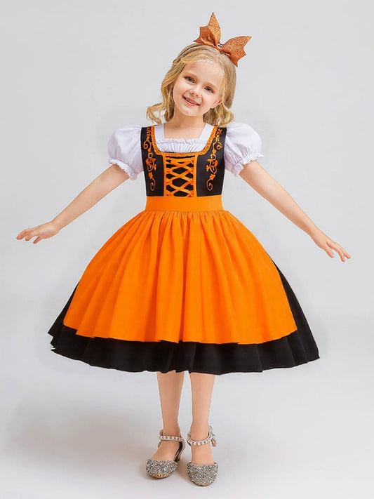 Ball Gown Square Neck Short Puff Sleeves Tea-Length Halloween Dresses for Girls With Bowknot & Pleats