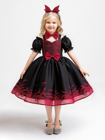 Ball Gown V-Neck Puff Sleeves Tea-Length Halloween Dresses for Girls With Bowknots & Pleats