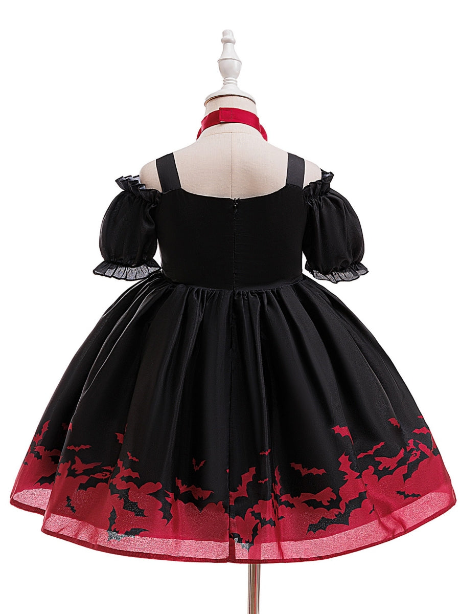 Ball Gown V-Neck Puff Sleeves Tea-Length Halloween Dresses for Girls With Bowknots & Pleats