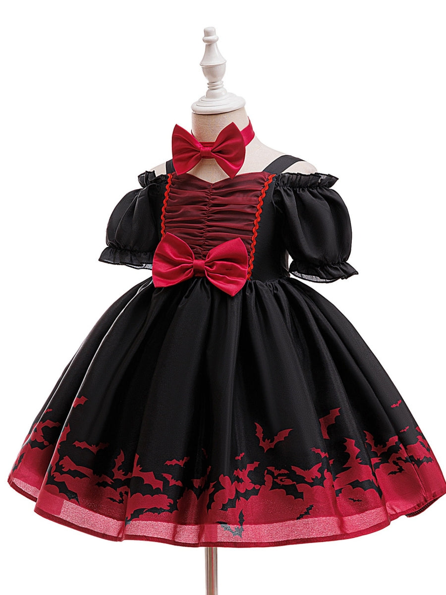Ball Gown V-Neck Puff Sleeves Tea-Length Halloween Dresses for Girls With Bowknots & Pleats