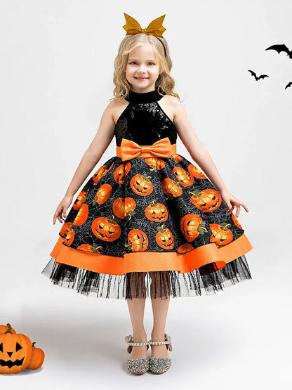 Sequin Ball Gown Halter Sleeveless Tea-Length Printed Halloween Dresses for Girls With Sash
