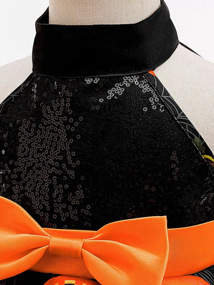 Sequin Ball Gown Halter Sleeveless Tea-Length Printed Halloween Dresses for Girls With Sash