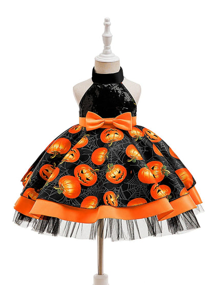 Sequin Ball Gown Halter Sleeveless Tea-Length Printed Halloween Dresses for Girls With Sash