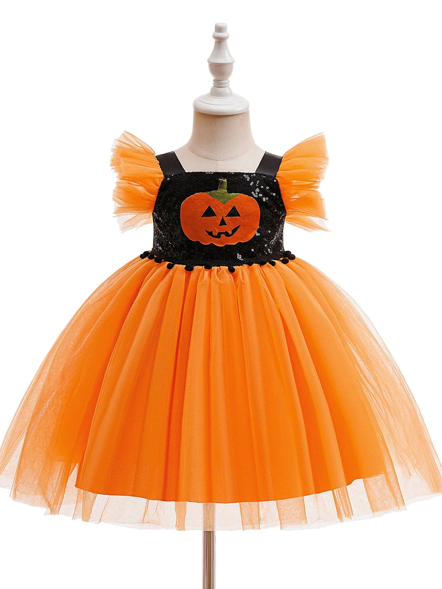 Printed A-Line/Princess Square Neck Flying Sleeves Knee-Length Halloween Dresses for Girls With Pleats & Sequins