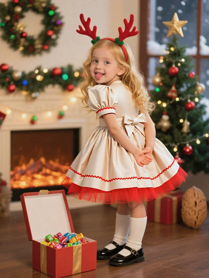 A-Line/Princess Scoop Puff Sleeves Christmas Dresses for Girls WIth Embroidery