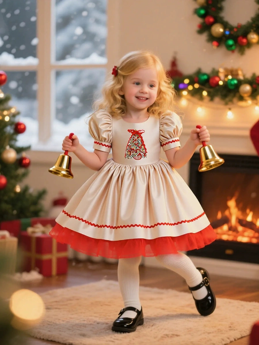 A-Line/Princess Scoop Puff Sleeves Christmas Dresses for Girls WIth Embroidery