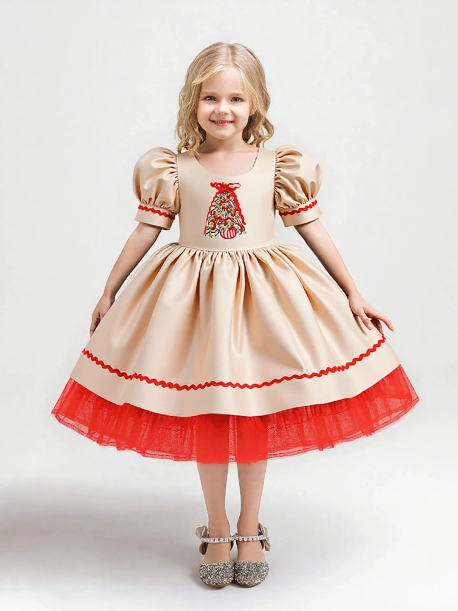 A-Line/Princess Scoop Puff Sleeves Christmas Dresses for Girls WIth Embroidery