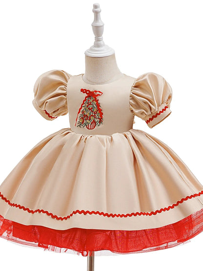 A-Line/Princess Scoop Puff Sleeves Christmas Dresses for Girls WIth Embroidery