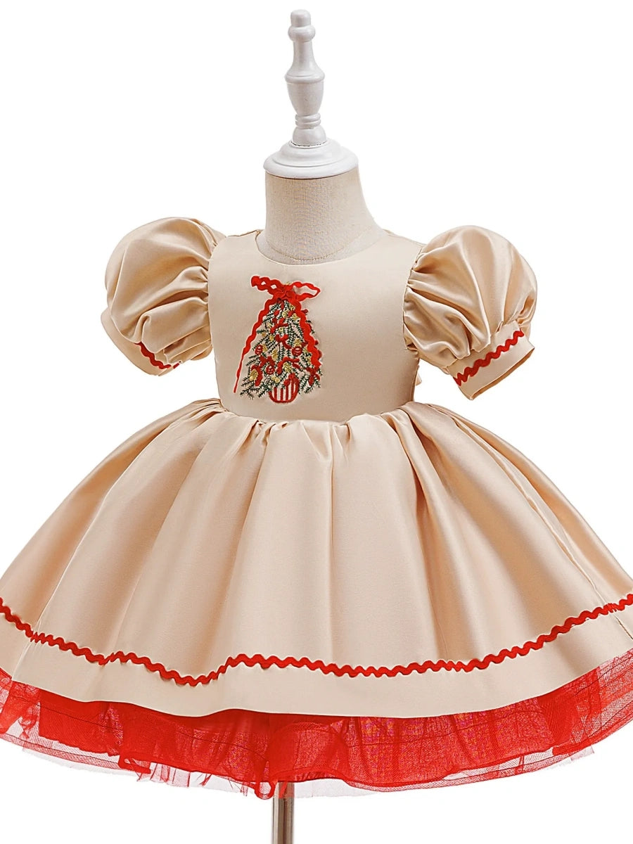 A-Line/Princess Scoop Puff Sleeves Christmas Dresses for Girls WIth Embroidery