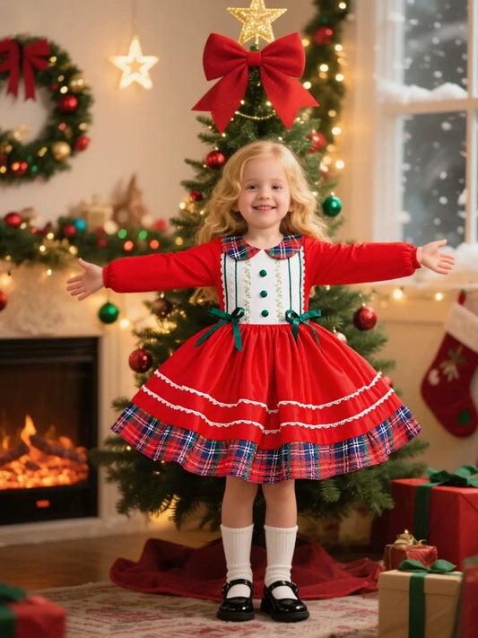 A-Line/Princess Peter Pan Collar Long Sleeves Christmas Dresses for Girls With Bowknot